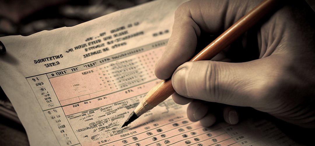 Une main tient un crayon au dessus d'une feuille de test